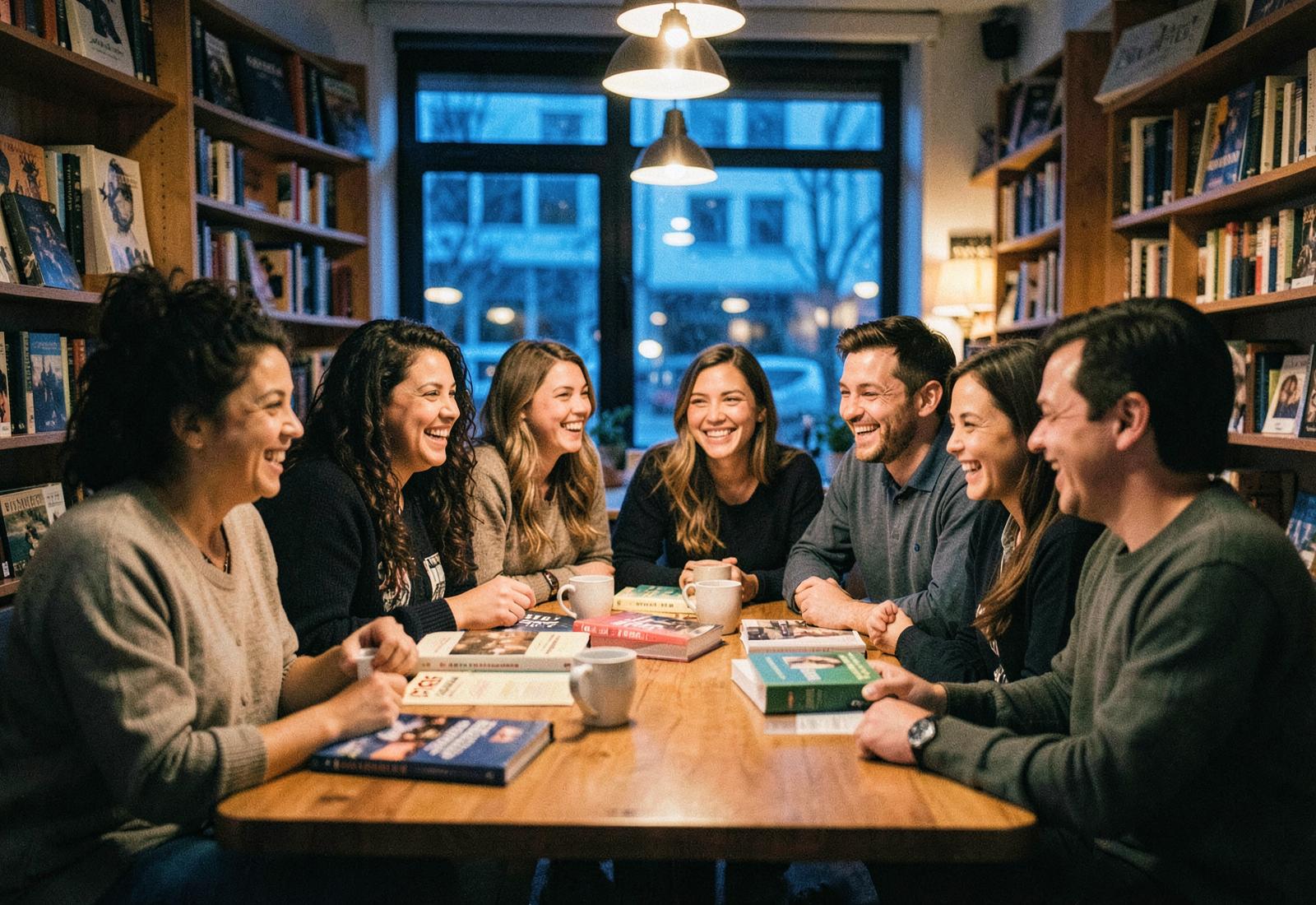 Readers gathered around a table discussing books together